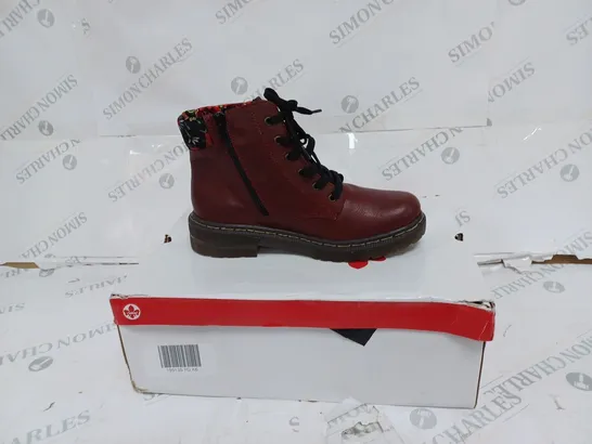 BOXED RIEKER RED INTREST COLLAR BOOTS- SIZE 6 