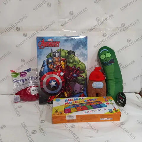 BOX OF APPROX 20 ASSORTED TOYS TO INCLUDE - PICKLE RICK - MARVEL AVENGERS ADVENT CALENDER - ANIMAL MUSIC CARPET ECT