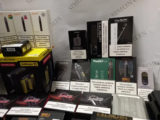 LOT OF APPROX 29 E-CIGARETTE ITEMS TO INCLUDE VOOPOO DRAG NANO 2 , UWELL CALIBURN A2 , VAPORESSO TARGET 100 , GEEKVAPE , ETC