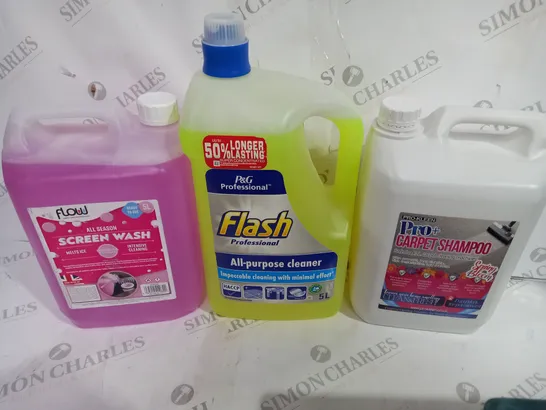 BOX OF APPROX 4 ASSORTED LIQUIDS TO INCLUDE - FLASH ALL PURPOSE CLEANER - PRO+ CARPET SHAMPOO - FLOW SCREEN WASH 