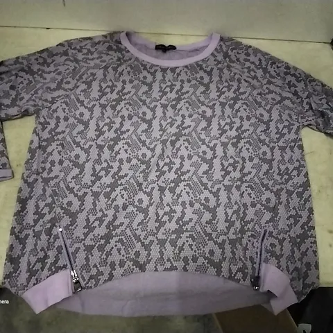 BOX OF APPROXIMATELY 25 FRANK USHER PURPLE SCALE PRINT ZIP DETAIL OVER SIZE JUMPER - SIZE LARGE/XL