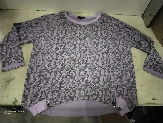 BOX OF APPROXIMATELY 25 FRANK USHER PURPLE SCALE PRINT ZIP DETAIL OVER SIZE JUMPER - SIZE LARGE/XL