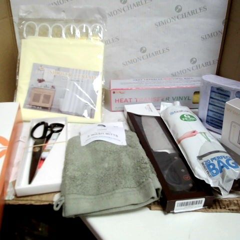 BOX ASSORTED HOUSEHOLD ITEMS INC WASH MITTS, SHOWER CURTAINS, CARBING KNIFE, UV STERILIZER ETC APPROX  12 ITEMS