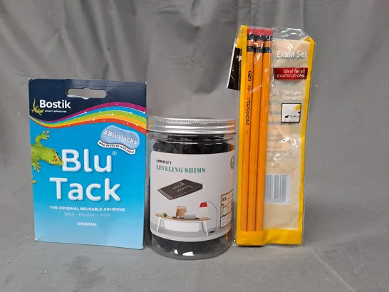 APPROXIMATELY 10 ASSORTED HOUSEHOLD ITEMS TO INCLUDE PENCILS, BLU TACK, LEVELLING SHIMS, ETC