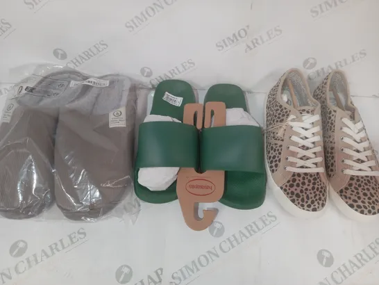 BOX OF APPROXIMATELY 15 ASSORTED PAIRS OF SHOES AND FOOTWEAR ITEMS IN VARIOUS STYLES AND SIZES TO INCLUDE HAVAIANAS, FAT FACE, ETC