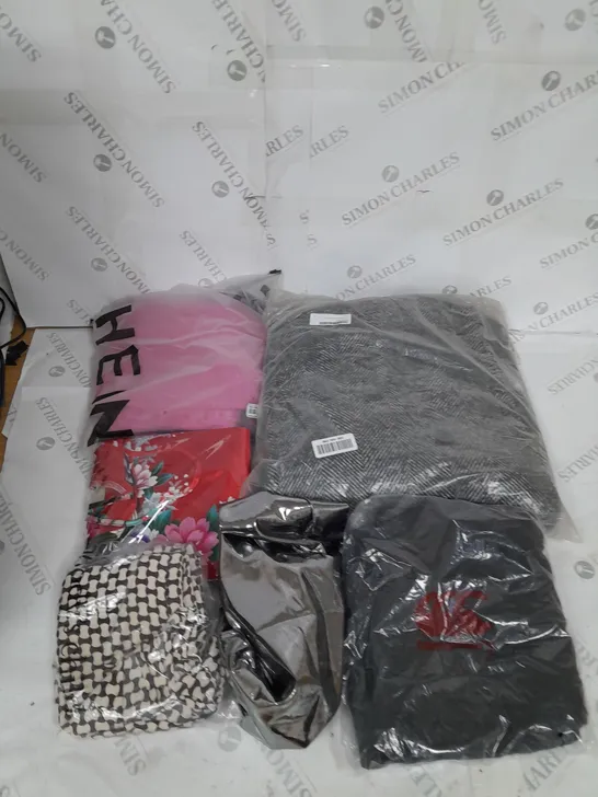 LARGE BOX OF ASSORTED CLOTHING ITEMS IN VARIOUS COLOURS AND SIZES INCLUDING TROUSERS , TOPS AND JUMPERS 