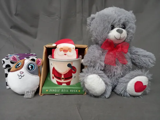 BOX OF APPROXIMATELY 20 ASSORTED HOUSEHOLD ITEMS TO INCLUDE GIFTLINGS SURPRISE PLUSH PET, JINGLE BELL ROCK MUG, SOFT GREY TEDDY, ETC