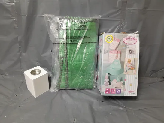 BOX OF APPROXIMATELY 5 ASSORTED ITEMS TO INCLUDE - BABY ANNABELL BABY CARE , CANDLE HOLDER , POND BAGS ETC