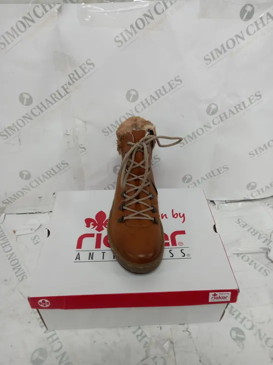 BOXED PAIR OF RIEKER LACE UP ANKLE BOOTS - TAN - UK SIZE 5