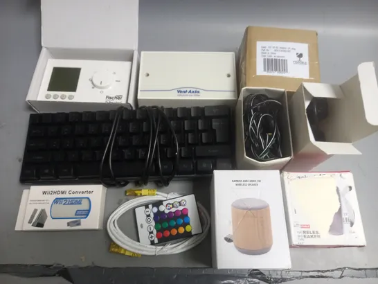 LOT OF 10 ASSORTED TECH ITEMS TO INCLUDE GAMING KEYBOARD, WIRELESS SPEAKER AND MAINS CHARGERS