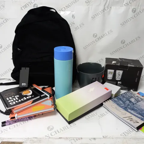 APPROXIMATELY 12 ASSORTED ITEMS TO INCLUDE TYPO BACKPACK, MTV GLASS TUMBLER SET, BOX OF SOCKS ETC. 