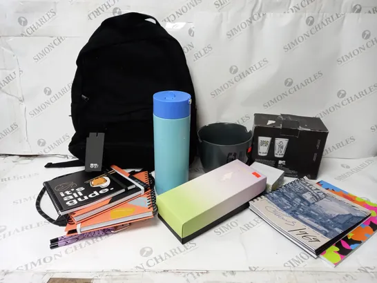 APPROXIMATELY 12 ASSORTED ITEMS TO INCLUDE TYPO BACKPACK, MTV GLASS TUMBLER SET, BOX OF SOCKS ETC. 