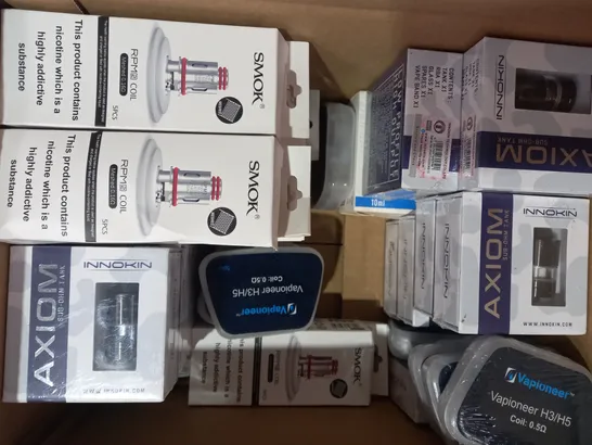 BOX OF APPROXIMATELY 30 ASSORTED VAPE ACCESSORIES IN VARIOUS STYLES TO INCLUDE VAPIONEER, SMOK, INNOKIN, ETC