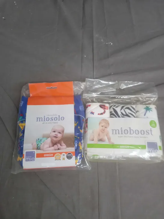 BAMBINO MIO LOT OF 2 BABY PRODUCTS TO INCLUDE MIOSOLO ALL-IN-ONE NAPPY AND MIO BOOST ABSORTBANT NAPPY BOOSTERS