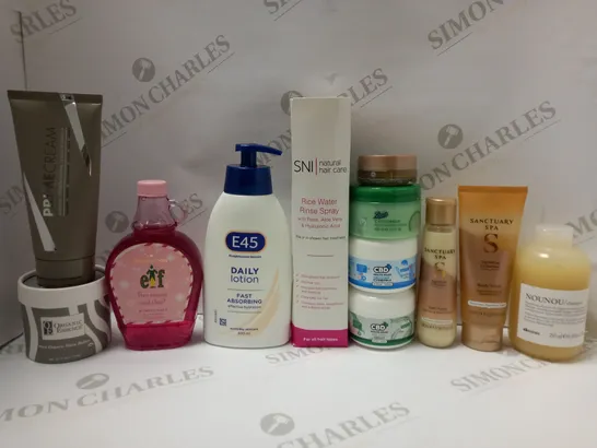 LOT OF APPROX 15 ASSORTED BEAUTY PRODUCTS TO INCLUDE SNI RICE WATER RINSE SPRAY HAIR TREATMENT, SANTUARY SPA BODY SCRUB, ETC 