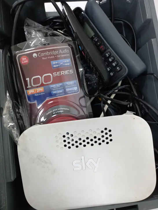 BOX OF APPROXIMATELY 10 ASSORTED ITEMS TO INCLUDE - HOUSE PHONE, SKY BOX, 100 SERIES WIRE ETC