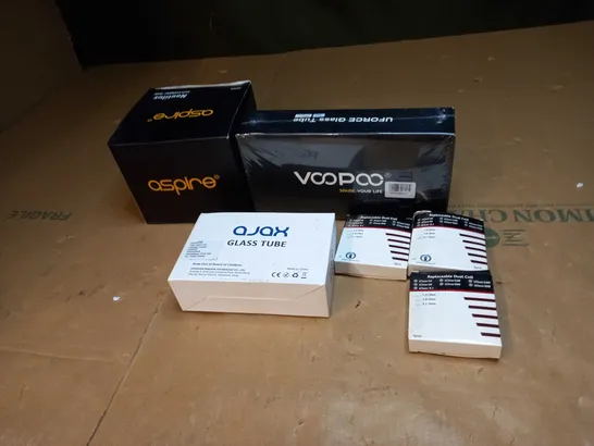 BOX OF ASSORTED ITEMS TO INCLUDE AJAX GLASS TUBE, VOOPOO AND ASPIRE TANKS