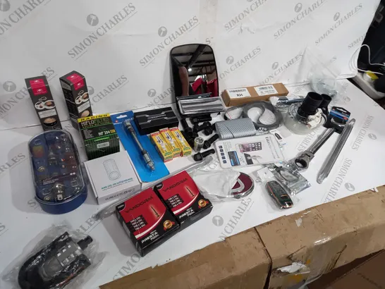 ASSORTED ITEMS TO INCLUDE: BALLBEARINGS, SPARK PLUGS, CAR CHARGER RACING OIL FILTER ETC 