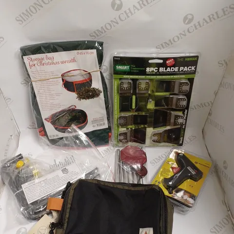 BOX OF APPROXIMATELY 8 ASSORTED HOUSEHOLD ITEMS TO INCLUDE HEAVY DUTY STORAGE HOOKS, SMART 8PC BLADE PACK, MARKSMAN 10W HOT GLUE GUN ETC