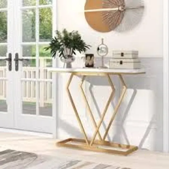 BOXED COSTWAY 100cm GOLD CONSOLE TABLE WITH DIAMOND SHAPE GEOMETRIC FRAME - WHITE & GOLDEN