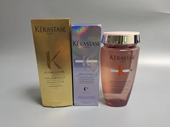 LOT OF 3 ASSORTED KERASTASE BEAUTY ITEMS TO INCLUDE ELIXIR ULTIME OIL AND BLOND ABSOLU RECOVERY SERUM