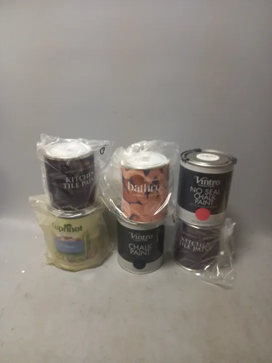 6 ASSORTED POTS OF PAINT TO INCLUDE VINTRO, RUSTOLEUM, AND CUPRINOL 