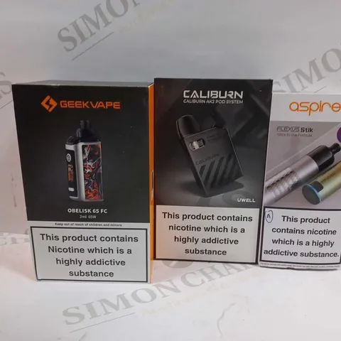 LOT OF APPROXIMATELY 28 ASSORTED E-CIGARETTES AND LIQUIDS TO INCLUDE ASPIRE FLEXUS STICK DEVICE, CALIBURN AK2 POD SYSTEM, GEEKVAPE OBELISK 65 FC, ETC