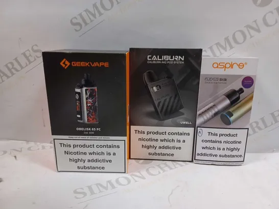 LOT OF APPROXIMATELY 28 ASSORTED E-CIGARETTES AND LIQUIDS TO INCLUDE ASPIRE FLEXUS STICK DEVICE, CALIBURN AK2 POD SYSTEM, GEEKVAPE OBELISK 65 FC, ETC