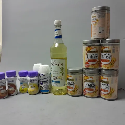 LOT OF ASSORTED FOOD ITEMS TO INCLUDE TWININGES COLD INFUSE, FORTISIP COMPACT DRINKS, ETC