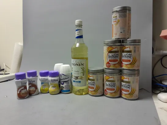 LOT OF ASSORTED FOOD ITEMS TO INCLUDE TWININGES COLD INFUSE, FORTISIP COMPACT DRINKS, ETC