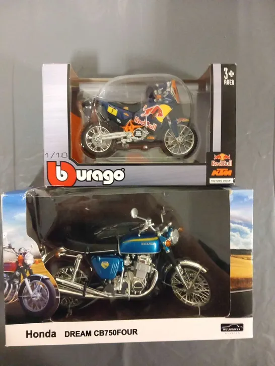 TWO MODEL MOTORCYCLES TO INCLUDE; HONDA DREAM CB750FOUR AUTOMAX PEMIUM AND BURAGO RED BULL KTM FACTORY RACING 1/18