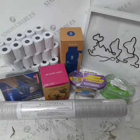 A BOX OF 30 HOUSEHOLD ITEMS TO INCLUDE TILL ROLLS, ANKLE HEAT STRAP, WALLPAPER ROLL, DOG LITTER BAGS ETC.