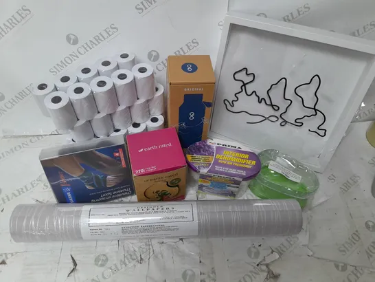 A BOX OF 30 HOUSEHOLD ITEMS TO INCLUDE TILL ROLLS, ANKLE HEAT STRAP, WALLPAPER ROLL, DOG LITTER BAGS ETC.