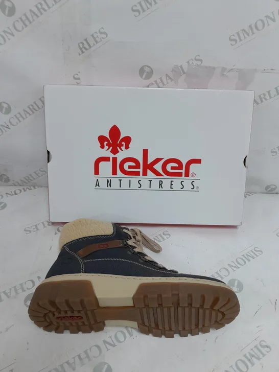 BOXED PAIR OF RIEKER LACE UP CHUNKY BOOTS IN NAVY SIZE 6.5