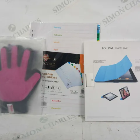 BOX OF APPROXIMATELY 10 ASSORTED HOUSEHOLD ITEMS TO INCLUDE IPAD SMART COVER, PET GLOVE, A4 JAN-DEC INDEXES, ETC