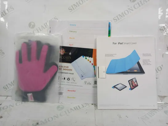 BOX OF APPROXIMATELY 10 ASSORTED HOUSEHOLD ITEMS TO INCLUDE IPAD SMART COVER, PET GLOVE, A4 JAN-DEC INDEXES, ETC