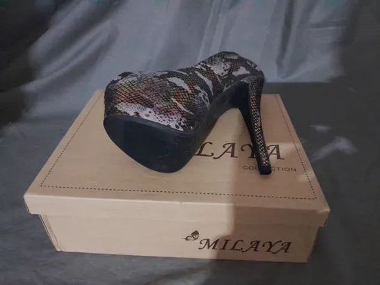 APPROXIMATELY 10 BOXED PAIRS OF TALL PLATFORM MULTICOLOUR HIGH HEELS 