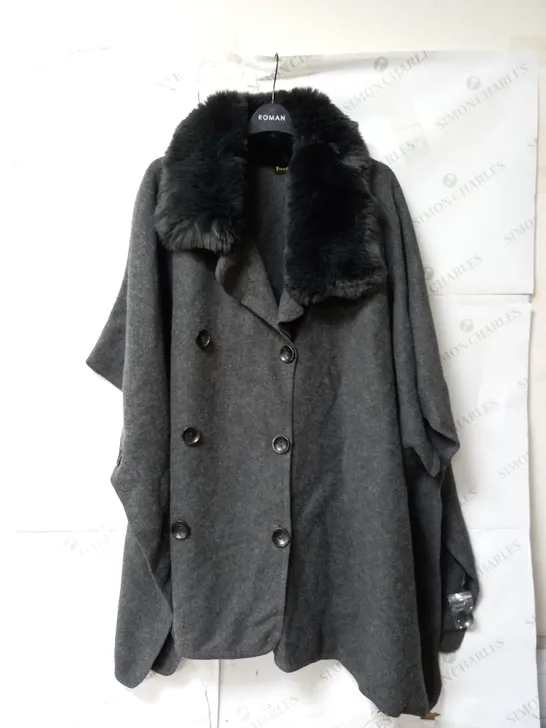 FRANK USHER DOUBLE BREASTED CAPE WITH FAUX FUR COLLAR IN CHARCOAL ONE SIZE 