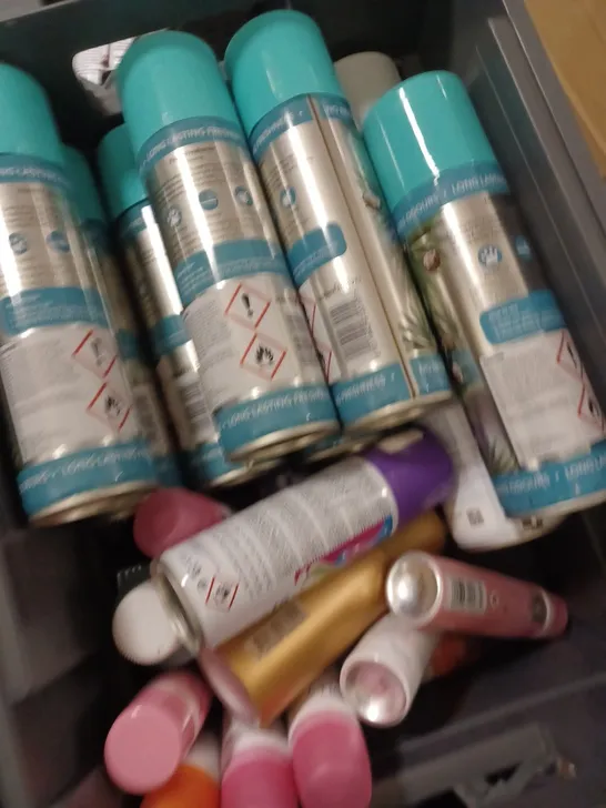 BOX OF APPROX 15 ASSORTED AEROSOLS TO INCLUDE MILLION BODY SPRAY, FOAM FRESHENER, UNIQUE HAIR SPRAY - COLLECTION ONLY 