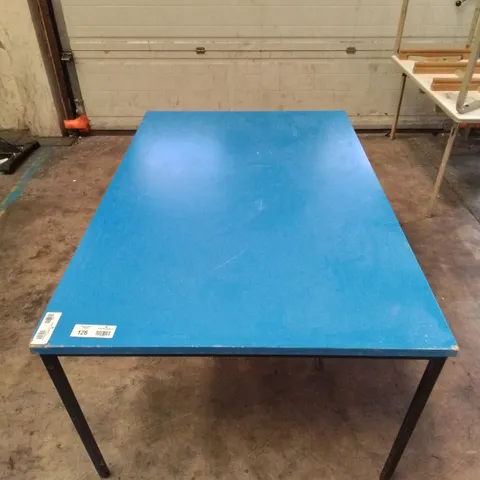 LARGE BLUE WOODEN TABLE WITH BLACK METAL LEGS 