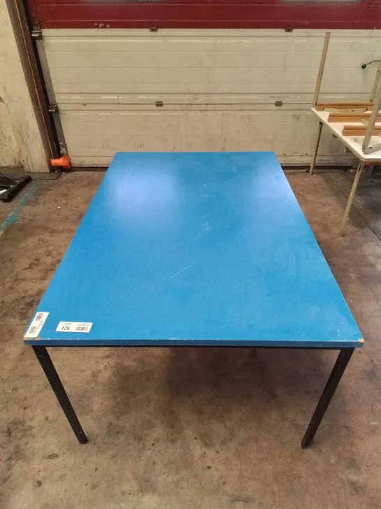 LARGE BLUE WOODEN TABLE WITH BLACK METAL LEGS 