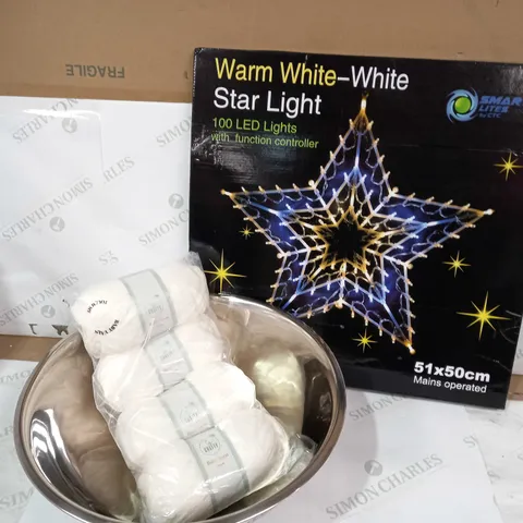 BOX OF APPROX 5 ITEMS TO INCLUDE LED STAR LIGHT, MIXING BOWL AND WOOL