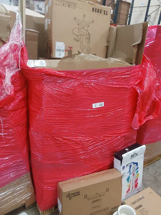 LARGE PALLET OF ASSORTED HOUSEHOLD PRODUCTS TO INCLUDE; FURDUZZ MIRROR, CROCKERY, DONYER POWER CONVECTION HEATER, ASTRO BOY AND LAND TALE BED ASSIST RAIL