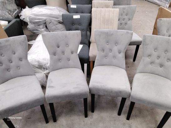 8 DESIGNER GREY PLUSH FABRIC CHAIRS WITH BUTTONED BACK, BLACK LEGS