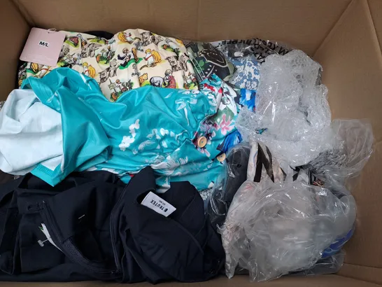 BOX OF APPROXIMATELY 25 ASSORTED CLOTHING ITEMS TO INCLUDE - HAT , SHORTS , BRA ETC