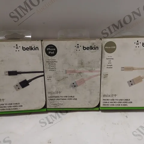 BOX OF APPROXIMATELY 20 BOXED BELKIN CHARGING CABLES IN VARIOUS COLOURS & MODELS TO INCLUDE LIGHTING & MICRO USB 