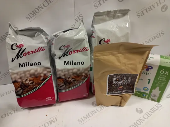 APPROXIMATELY 5 ASSORTED FOOD & DRINK ITEMS TO INCLUDE HIPP ORGANIC MILK STARTE PACK, CAFFE MOZZILLO MILANO COFFEE (1000g), WAKELINS PURE ROASTED COFFEE, ETC