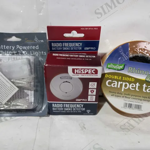 BOX OF APPROXIMATELY 15 ASSORTED HOUSEHOLD ITEMS TO INCLUDE RHINO DOUBLE SIDED CARPET TAPE, HISPEC SMOKE DETECTOR, BATTERY POWERED LED LIGHTS, ETC