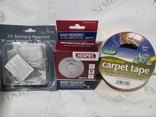 BOX OF APPROXIMATELY 15 ASSORTED HOUSEHOLD ITEMS TO INCLUDE RHINO DOUBLE SIDED CARPET TAPE, HISPEC SMOKE DETECTOR, BATTERY POWERED LED LIGHTS, ETC