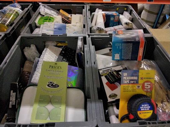 4 TOTES OF ASSORTED HOUSEHOLD ITEMS TO INCLUDE A SECURITY CREDIT CARD WALLET, A 5M MEASURING TAPE, OSRAM 100W HALOSPOT AND A CHEFS CANDLE 